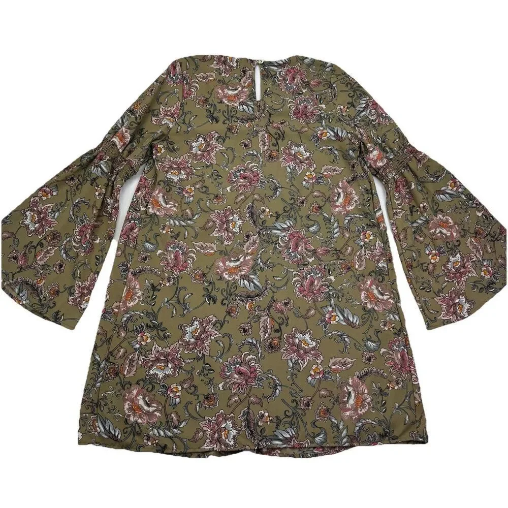 Peach Love Green Floral Boho Bell Sleeve Tunic Dress Small
